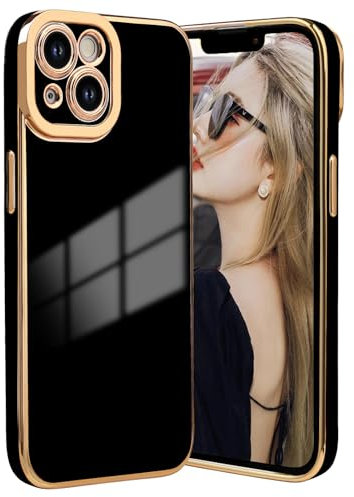 Weusity Hülle für iPhone 14 Handyhülle mit kameraschutz glänzend galvanisiert Schutzhülle Weich Ultradünn Case für iPhone 14 Schwarz