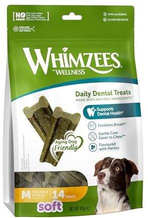 WHIMZEES by Wellness, Größe M, 14 Stück, weichere Kaustangen für mittelgroße Hunde zur Zahnpflege, schonende Pflege, geeignet für alternde Hunde, ohne Zuckerzusatz, getreidefrei