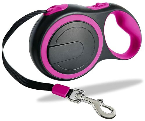 DOMOPRIMA Flexible Freilaufleine 3 Meter - Robuste und sichere Hundeleine für kleine, mittlere und große Hunde – Rollleine in hochwertiger Qualität mit Reflektorgurt (Pink, S)
