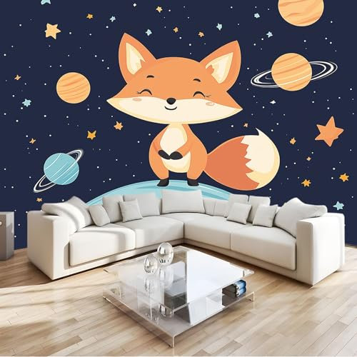 Papier Peint Panoramique 3D Dessin Animé Animaux Renard ThèMe de L'Espace 200x140cm intissé Murale pour Salon Chambre d'enfants restaurant Décoration Murale, Bleu Chambre Poster Mural Fresques Murales