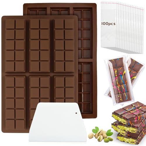 2 Pièces Moule Silicone Chocolat, Moule à Chocolat en Silicone, Moule à Chocolat Profond avec 1 Scraper 100 Sac d'emballage, Moule Tablette Chocolat Dubai pour Pralines, Bonbon, Gaufres