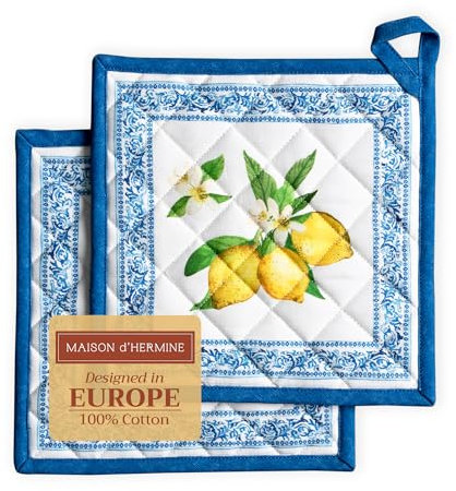 Maison d' Hermine Topflappen, 100% Baumwolle, hitzebeständig, Set mit 2 Hotpads mit Schleife zum Backen, Grillen, Mikrowelle, Umgang mit heißen Pfannen, Cedrat - Frühling/Sommer (20cm x 20cm)