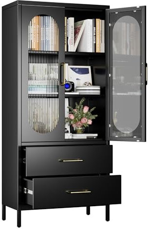 Aobabo Metal Office Files Storage Cabinet with 2 Drawers and 2 Adjustable Shelves - 155cm High Glass Doors Black Storage Cabinet,3-Tier Tall Steel Cabinets for,Living Room,Office,Assembly Required