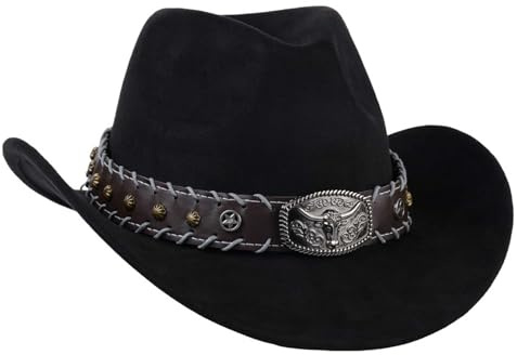 TOLASTO Cowboy Hat for Women and Men, Mens Western Cowboy Hats with Bull Head Womens Retro Vintage Jazz Hat Solid Color Cowgirl Hats for Adults, Black