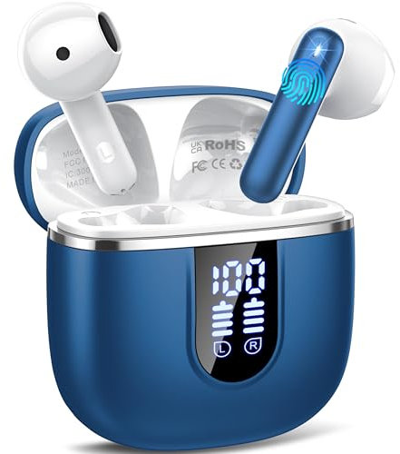 Cuffie Bluetooth, Auricolari Bluetooth 5.4 con 4 ENC HD Mics Immersivo, 40Ore Mini Cuffie Wireless Cancellazione Rumorecon, USB-C, IP7 Cuffie Senza Fili per Androide/iOS, Touch Control, LED, Blu