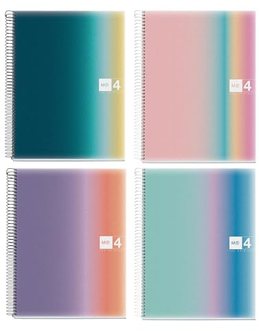 Miquelrius - Pack 4 Cuadernos A4 Cuadriculados, Aurora | 120 Hojas Cada Uno, Papel 70 g/m², Tapa de Polipropileno, Espiral, 4 Taladros para Archivar, Vuelta al Cole y Oficina