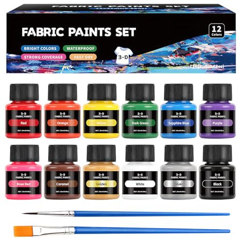 SHOPPGO Pintura Textil Permanente y Lavable, Fabric Paint, Pintura para Tela Permanente y Lavable, Se Puede Utilizar para Pintar Ropa, Zapatos, Bolsas de Lona, 12 * 25ml + 2 Cepillar