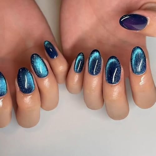 GlamRays Katzenaugen Maniküre Kunst Acrylique Ongles Ovales Courts Fausse Ongles Autocollants Avec Design Ciel Étoilé, Brillance Bleu Foncé Chat Oeil Faux Gel Adhésif 24 Pièces