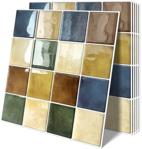 Tiwoos Thick Peel and Stick on Wall Tiles Self Adhesive 12×12 Sticky Splashback Square Colorful Multicolor for Kitchen Bathroom (10-Sheet)