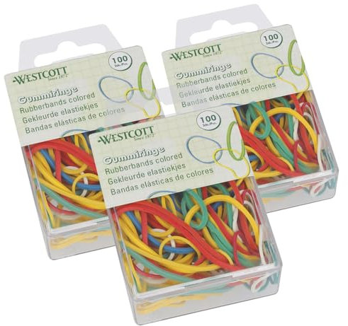Westcott Gummibänder 100 Stück (3er-Set) | 3 x Bunte Gummiringe verschiedene Größen in praktischem Kunstoffbehälter | Vorratspack Haushaltsgummis ⌀ 20mm - 70mm | Mind. 60% Naturkautschuk | E-10582 00