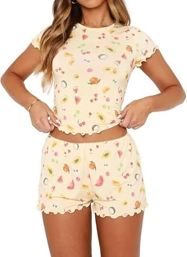LACOZY Women's Pyjama Sets 2 Piece Short Sleeve Pjs Cute Graphic Crop Tops Shorts Y2K Sleepwear Lounge Set
