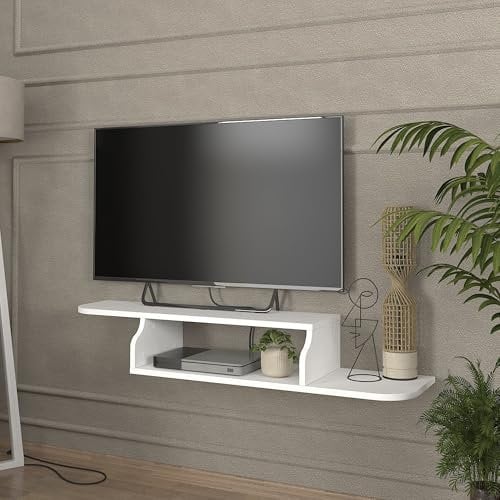 [en.casa] Mobile Porta TV da Parete con Ripiano e Scomparto Aperto Mensola Sospesa Vano Portaoggetti Stand Multimediale Fori Passacavi 120 x 30 x 19 cm - Bianco