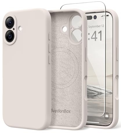 SuydanBox Magnetic for iPhone 16 Case, Compatible with MagSafe, [Screen Protector + Full Camera Protection], Silicone Shockproof Anti-Scratch Protective Phone Case for iPhone 16 6.1, Stone