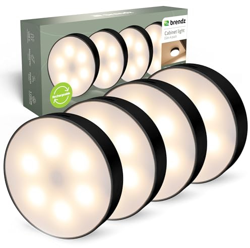 Brendz Rundes LED Schrankbeleuchtung, Touch-Bedienung, USB-C Wiederaufladbar, Dimmbar, Magnetisch, 4 Stück, 3 Farbtemperaturen, LED Lampe Akku, Treppenbeleuchtung, schwarz