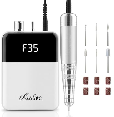 Kredioo 6 in 1 Rechargeable Nail Drill Kit, 35000RPM Electric Nail E File with LCD Display for Manicure Pedicure Gel Removal Shaping, for Beginner, Training, Nail Salon, Home Use