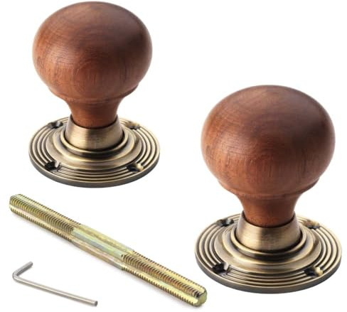 Rosewood & Antique Brass Bun Door Knobs Pair – 55mm Wooden Mortice Door Knobs with Reeded Backplates – Traditional Interior Door Hardware