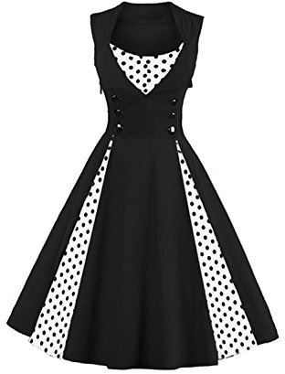 Axoe Damen 50er Jahre Cocktailkleid Rockabilly Elegantes Faltenrock Festliches Partykleider Vintage Kleid Audrey Hepburn Abendkleider mit Polka Dots Knielang, Schwarz-weiß, 5XL (52 EU)