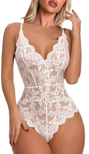 Buitifo Babydoll Lingerie Sexy Donna Body Sleepwear V profondo Completi Intimi Pizzo(bianco1,L