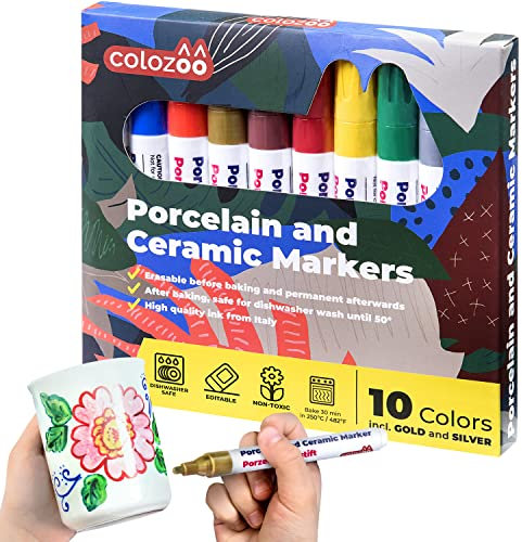 colozoo Crayons en Porcelaine Lavables au Lave-Vaisselle | 10 Couleurs Vives | en Céramique Y Compris Or & Argent | Couleur Non Toxiques et Végétaliennes