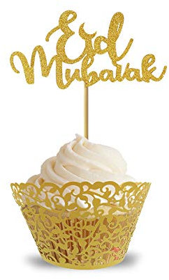 Mubarak Eid Glitter Cupcake Topper Decoration - 10 pcs - Eid Party Cake Decorations (Gold)