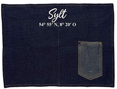 WB wohn trends Platzset Jeans-Stoff, Sylt mit Koordinaten, mit Tasche für Messer und Gabel 40x30cm blau weiß Textil-Untersetzer Tisch-Set
