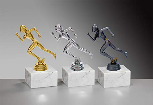 Henecka 👟 Leichtathletik-Pokal, Leichtathletik-Trophäe, Leichtathletik Damen auf Marmorsockel, mit Wunschgravur, wählbar in 3 Farben (Silber)