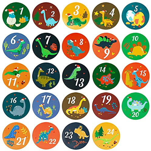 Oblique Unique® 24 Adventskalender Sticker mit Zahlen Aufkleber für Weihnachten Kinder Motive zum Basteln Verzieren Dekorieren (Dinosaurier)