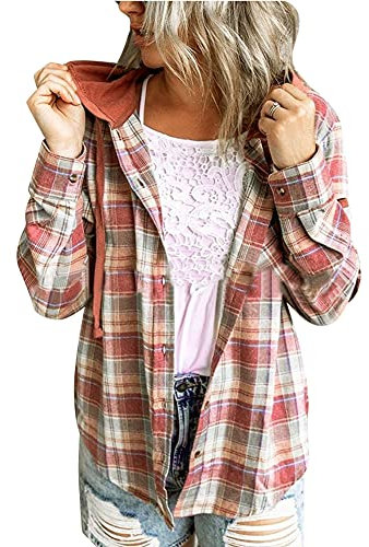 Uposao Surchemise Femme Veste a Carreaux, À capuche Chemise à Carreaux dhiver pour Femme, Chemise Décontracté Oversized Chemisier Blouse Femme Chemise Carreaux Manches Longues Shirt Blouse (Rouge M)