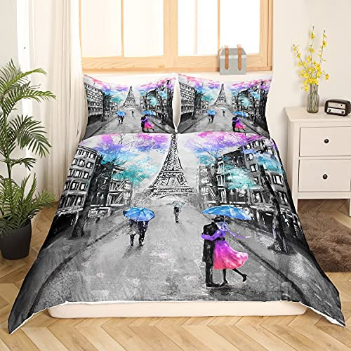 Tour Eiffel Parure de Lit 240x260cm Filles Romantique Paris Thème Parure Housse de Couette Couple Paris Cityscape Imprimé Housse de Couette Français Décor Bleu Rose 3Pcs Avec 2 Taie d'oreiller