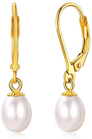 FOCALOOK Boucle d'Oreille Dormeuse Femme Argent Plaqué Or Serti de Perle de Culture d'Eau Douce de 6mm