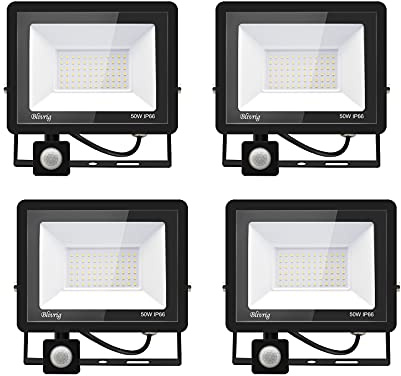 Blivrig 4 Stück 50 W LED-Strahler mit Bewegungsmelder, 5000 lm, LED-Außenstrahler mit Detektor, Kaltweiß (6000 K), wasserdicht, IP66, LED-Außenstrahler für Sicherheit, Garage, Flur