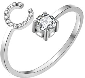 HSWYFCJY Silber Damen Ring mit Buchstabe, Offener Verstellbare Initiale Ring für Frauen, Alphabet A-Z Zirkonia DamenRing aus Edelstahl