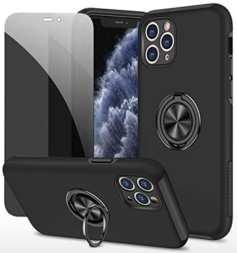 Dechyi Anti-Spähen hülle für iPhone 11 Pro Schwarz Handyhülle mit Sichtschutz aus gehärtetem Glas Displayschutzfolie mit Ringhalterung stoßfest, Kratzfest PC-Silikon strapazierfähig Schutzhülle