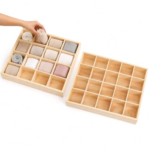FOMIYES Wooden Drawer Organiser with 20 Compartments Storage Box for Socks Underwear Ties Bras Neat Wardrobe Sorting Tray 13.4X10.6X2In