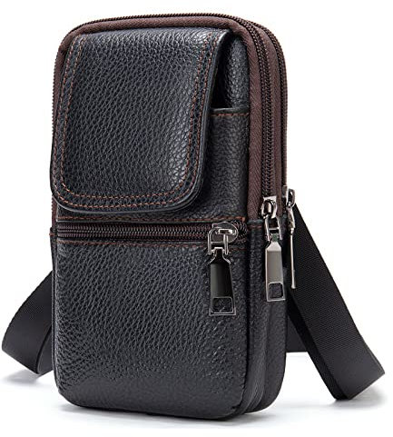 Herren Handy Umhängetasche Leder Schwarz, Handy Gürteltasche Leder Klein, Handytasche zum Umhängen Wasserdichte Reißverschluss Herrentasche Leder Hüfttasche Schultertasche mit Gürtelschlaufe Karabiner