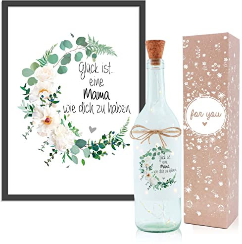 OWLBOOK Glück ist Mama Wildrose Geschenkset Flaschenlicht und Bild Geschenke für Mama Muttertagsgeschenke Geburtstagsgeschenk Weihnachtsgeschenke für Mama Geschenk Geburtstag Muttertag Weihnachten