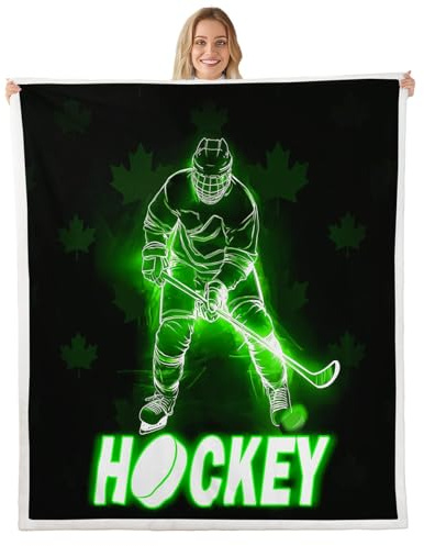 Ice Hockey Pucks Sports Blanket, 50x60, Sherpa, Glowing Glitter Lighting, Green Black