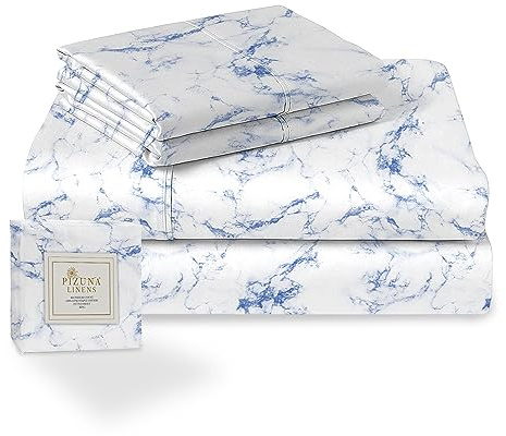 Pizuna Cotton Blue Printed King Size Bed Sheet Set 400 Thread Count | Carrara Marble 100% Long Staple Cotton Bedding Sateen Sheets Includes 1 Fitted Sheet 2 Pillowcase