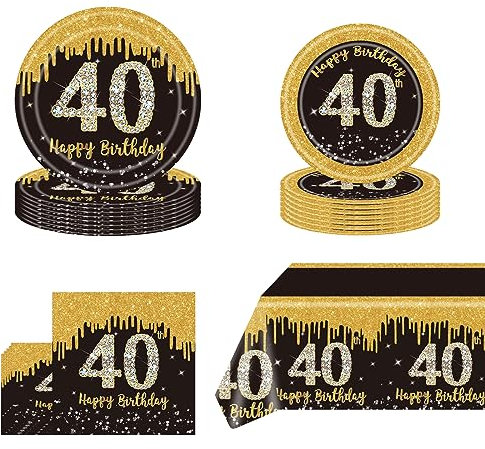 53Pcs Black Gold 40th Birthday Party Tableware Set,40th Black Gold Party Tableware Set are Crafted from High-Quality Paper for Men Women Birthday Gifts Party Supplies Reusability Table Decoration