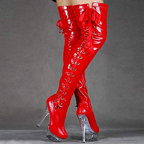 fikujap Donna sopra Il Ginocchio 15 cm Sexy Elegante Stretch Alta della Coscia Brevetto Stivali al Ginocchio in Pelle su Discoteca Bar Delgadas Boots Alto Stivali Tacco Alto di Pole Dance,Rosso,40