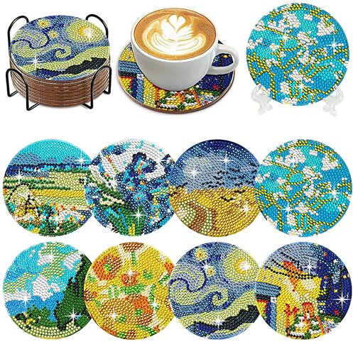 Muzagroo Art Van Gogh Diamond Painting Coasters Kits with Holder Coaster Art Kits for Beginners Diamond Paintings Kits for Adults Stress-reducing Handicrafts Paint by Diamond 8 PCS (Van Gogh)