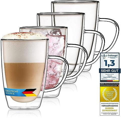 Doppelwandige Kaffeetasse Thermo-Gläser Set 400ml für Espresso Cappuccino, Teegläser Kaffeegläser Latte Macchiato Tassen, Schwebeeffekt mit Henkel (4 Stück)