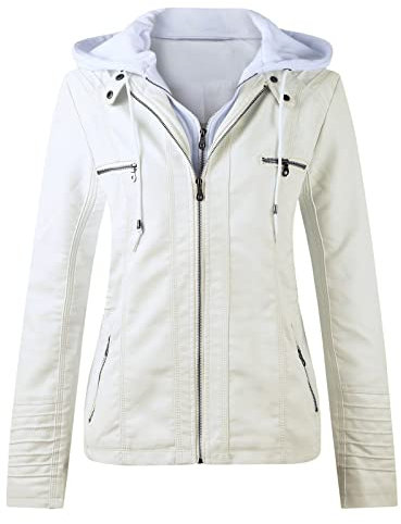 Lederjacke Damen Kunstleder Jacke Damen Lederjacke mit Kapuzen Große Größen Herbst Winter Langarm Motorrad Jacke Winterjacke Slim Fit Hoodie Mantel Streetwear mit Reißverschluss Tasche (White, XL)