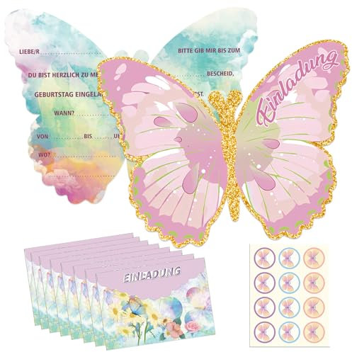 Giugio 12 Stück Einladungskarten Schmetterling in Deutsch Geburtstagseinladung Party, Einladungskarten Flutter mit Umschlägen, Papillon Papier für Geburtstag, Muttertag, Hochzeitstag, Valentinstag
