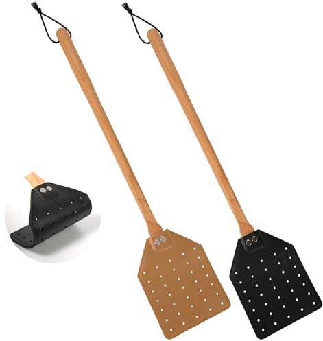 2uds Matamoscas de Cuero, 49,5cm de Largo Resistente Matamoscas Manual con Mango de Madera Atrapamoscas para Interior y Exterior(Negro, marrón)