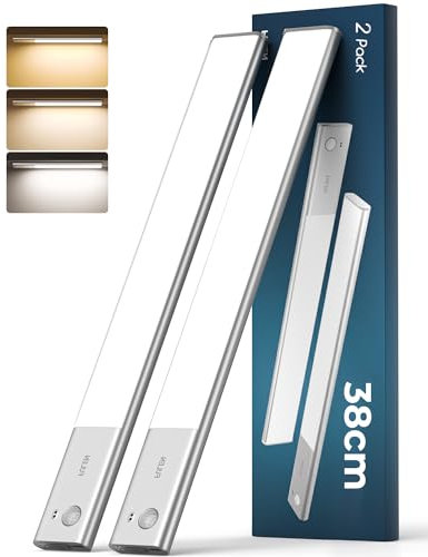 FULEN Unterbauleuchte Küche LED, Schrankbeleuchtung Lampe Bewegungsmelder Innen, 38cm led Licht Kabellos mit Batterie Wiederaufladbar, Unterschrank Beleuchtung Küche, 3 Farbtemperaturen, 2er-Pack
