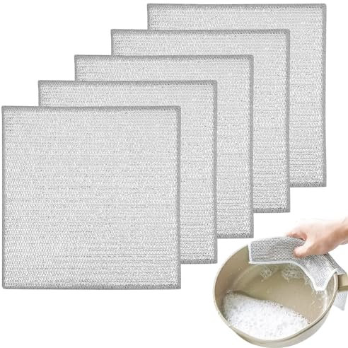 Fantasyon 5PCS Multipurpose Wire Dishwashing Rags for Wet and Dry, 20 * 20CM Double Layered Thickened Reusable Wire Cleaning Cloths Dish Cloths for Kitchen Cleaning