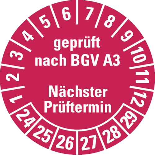 Dreifke® Aufkleber I Prüfplakette geprüft BGV A3 Nächster Prüftermin 24-29, rot, Dokumentenfolie, Ø 30mm, 18 Stück