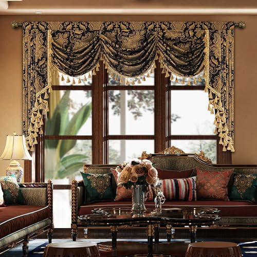 TOPLUXE Swag Volant Vorhang für Schlafzimmer Esszimmer Wohnzimmer Küche, Damast Kurzstore Waterfall Volant-Vorhang für Fenster 1 Stück (Breite 200cm, Schwarz)
