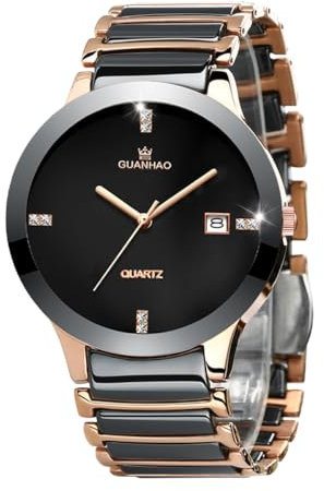GUANHAO Montre pour homme d'affaires en céramique noire avec cadran diamant, bracelet noir + or rose avec calendrier étanche, Décontracté
